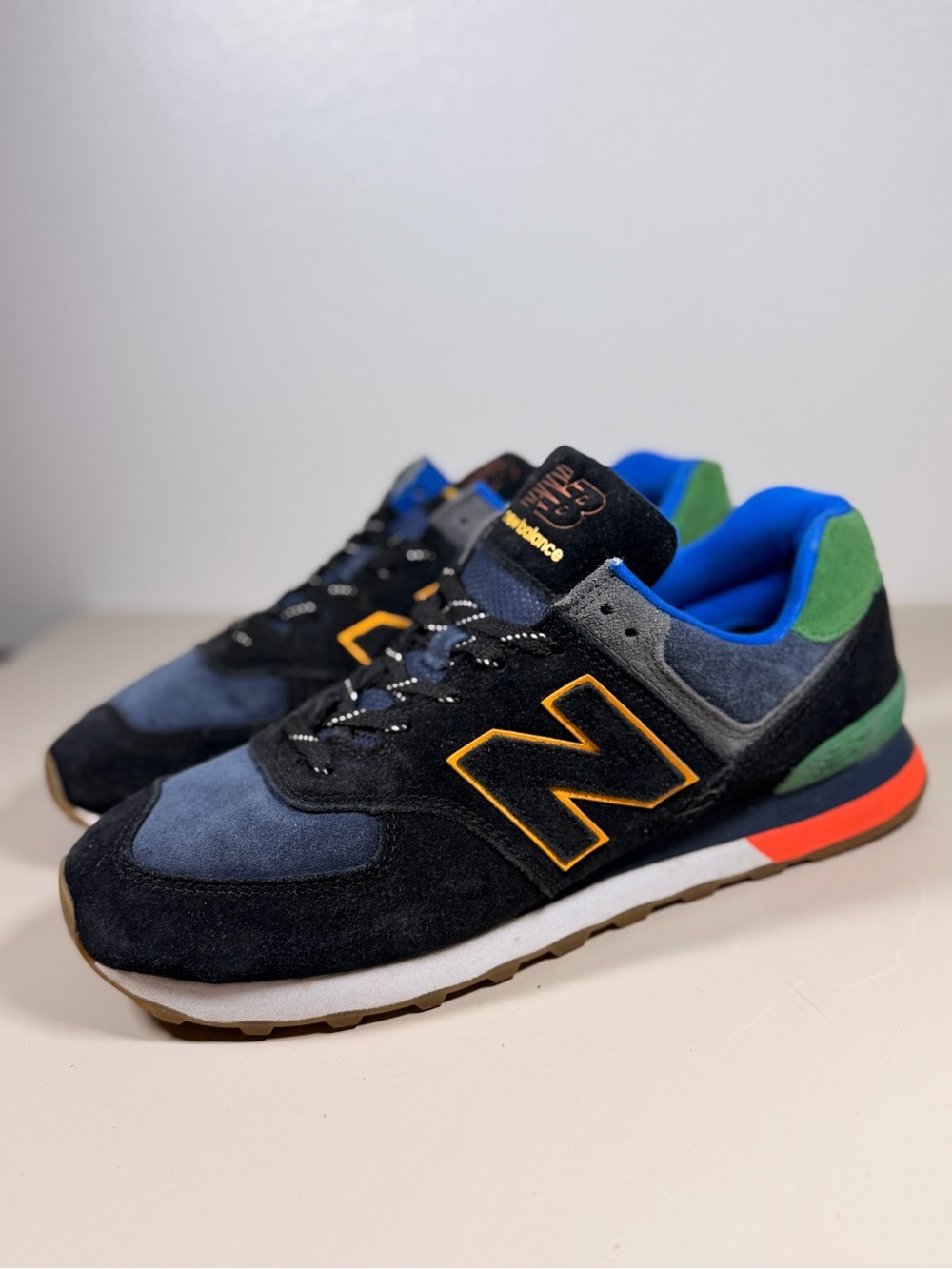 New Balance Black Navy Suede Sneakers with Green & Orange Accents